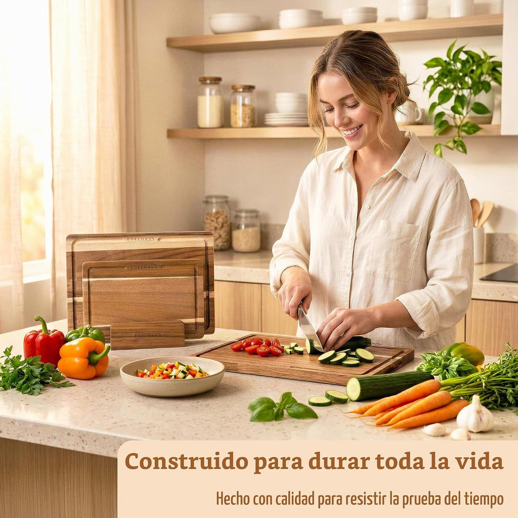 EDELHAUS Juego de 3 tablas de cortar de madera de acacia para cocin...