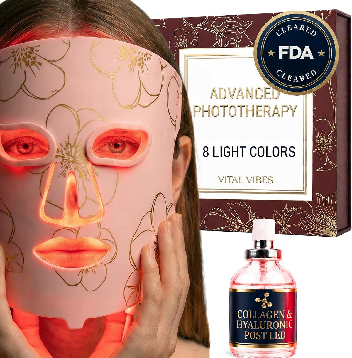 Vital Vibes Máscara facial LED para terapia de luz roja aprobada po...