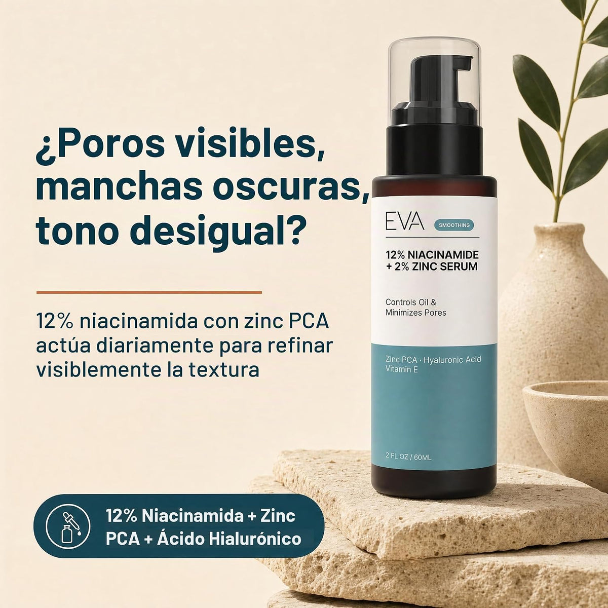 Eva Naturals - Suero de niacinamida 12% + zinc con ácido hialurónic...