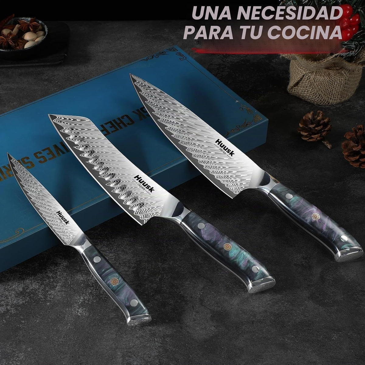 Huusk - Juego de cuchillos japoneses de acero inoxidable con funda...