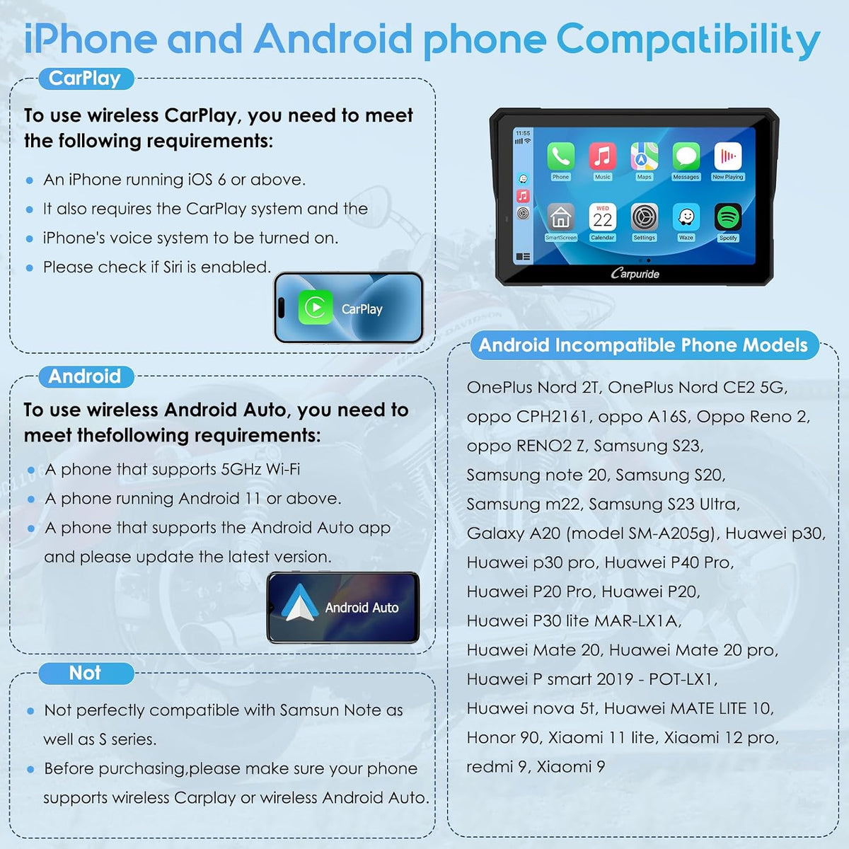 Carpuride W702PRO 7" para motocicleta CarPlay y Android Auto Du...