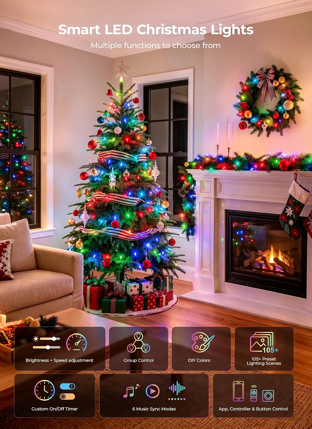 Luces LED inteligentes de Navidad de 99 pies, 300 unidades, mini ca...