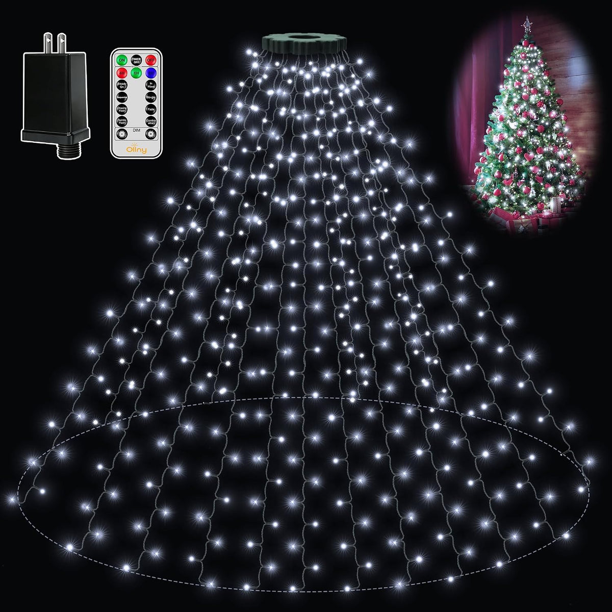 Ollny Luces de árbol de Navidad de 8.2 pies x 16 cuerdas con anillo...