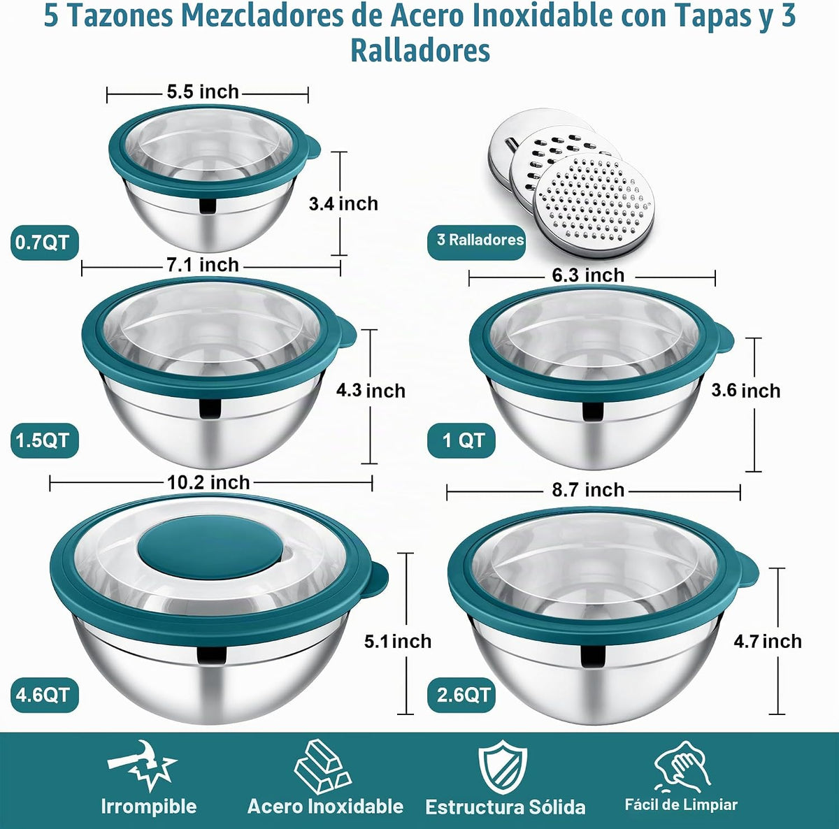 E-far Juego de cuencos de mezcla de 5, cuenco de mezcla de ensalada...