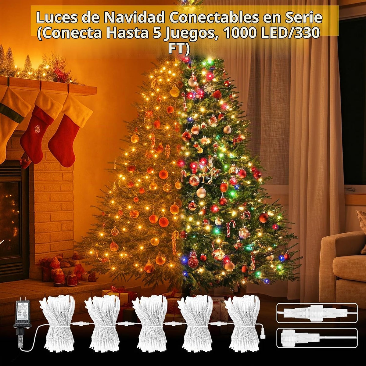 Guirnalda de 200 luces LED conectables con control remoto, blanco c...
