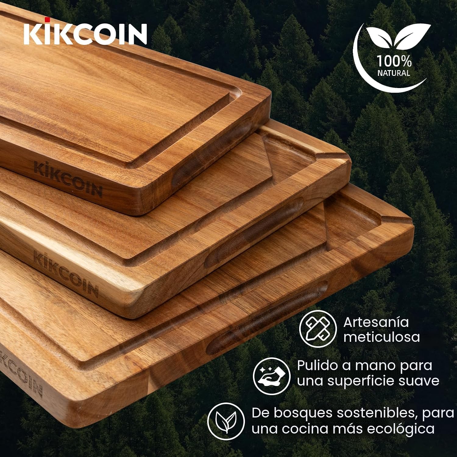Kikcoin Tabla de cortar de madera para cocina, juego de 3 tablas de...