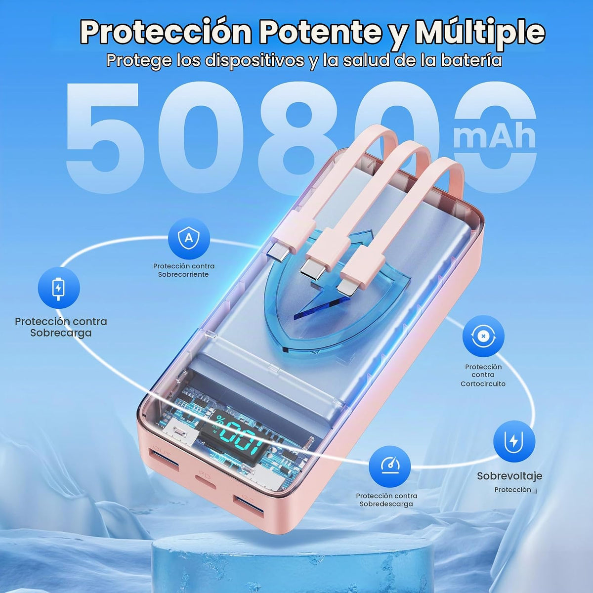 Cargador portátil de 50800 mAh con 3 cables integrados, 25 W PD QC4...
