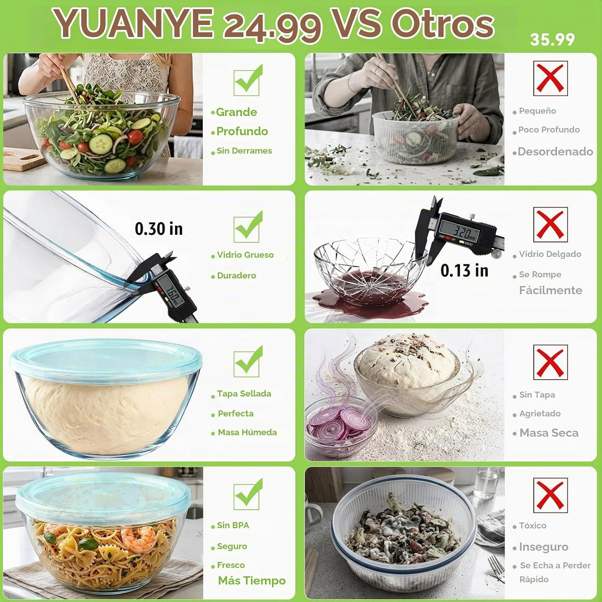 YUANYE Juego de 4 cuencos de vidrio para mezclar con tapas (3 cuart...