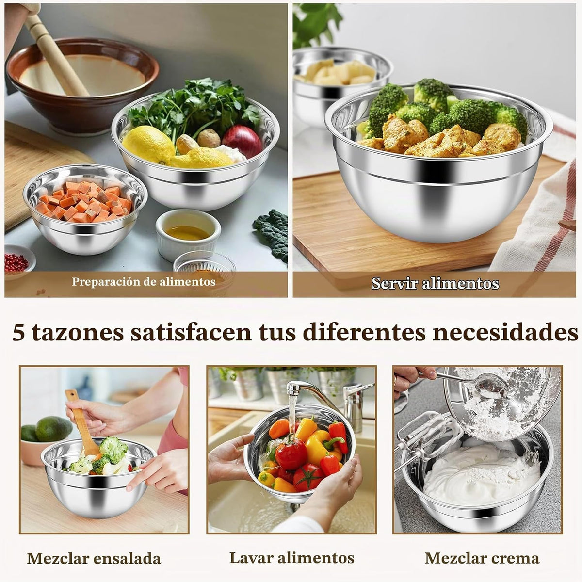 P&amp;P CHEF - Juego de tazones de metal con tapas, tapas hermética...