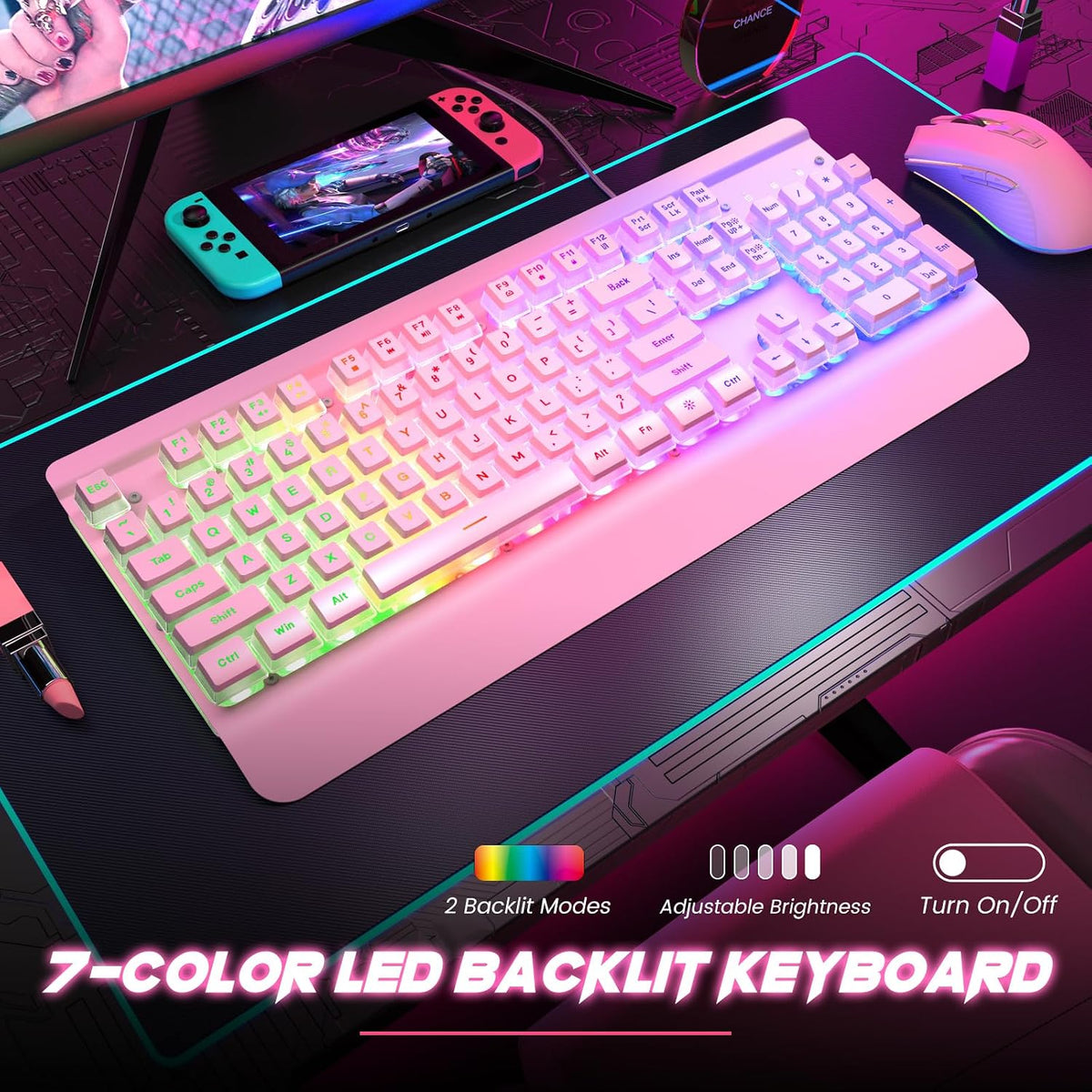 Dacoity Teclado rosa cremoso, panel totalmente metálico de 104 tecl...