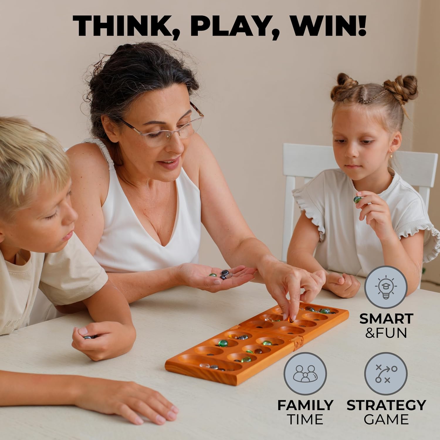 Mancala - Juego de mesa con bloqueo magnético, juego plegable clásico para 2 jugadores, juego de mancala de madera con 56 guijarros de cristal, juego de Mancala para niños y adultos