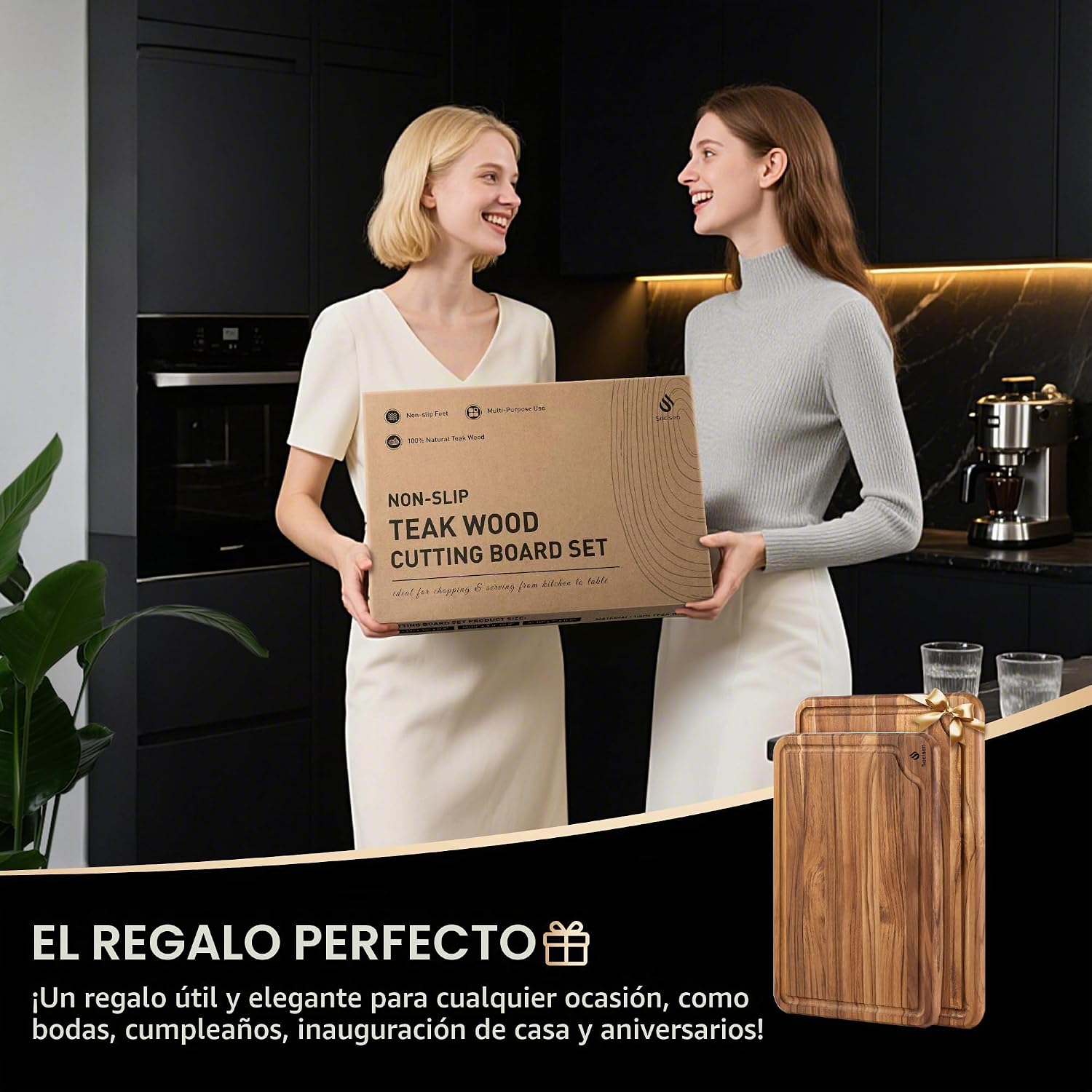 Paquete de 2 tablas de cortar de teca para cocina, tabla de cortar...