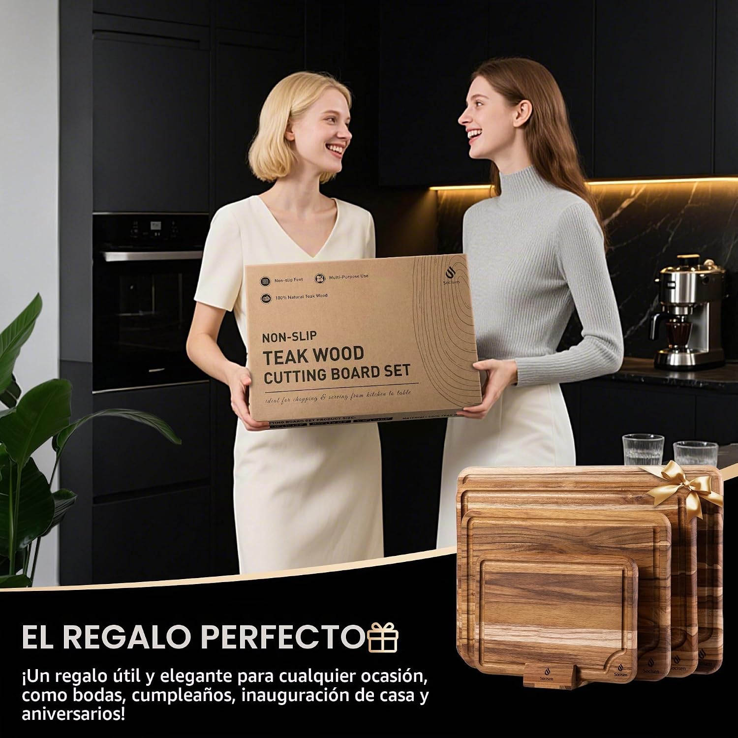Juego de 4 tablas de cortar de madera de teca para cocina, resisten...