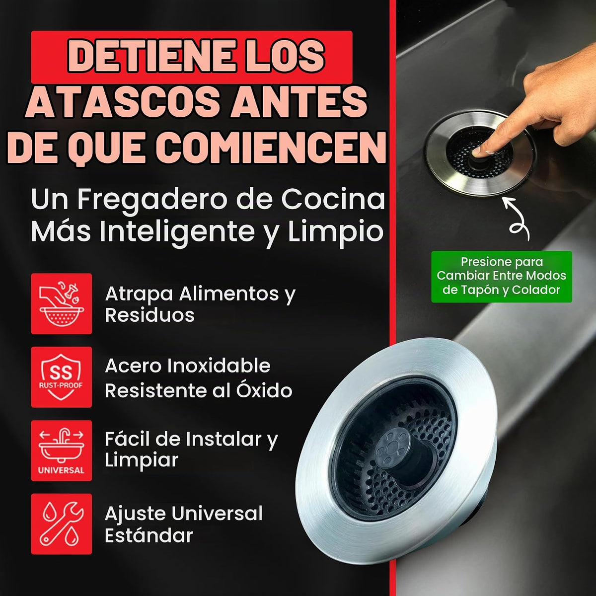 SinkShroom Colador de drenaje para fregadero de cocina, tapón de fr...
