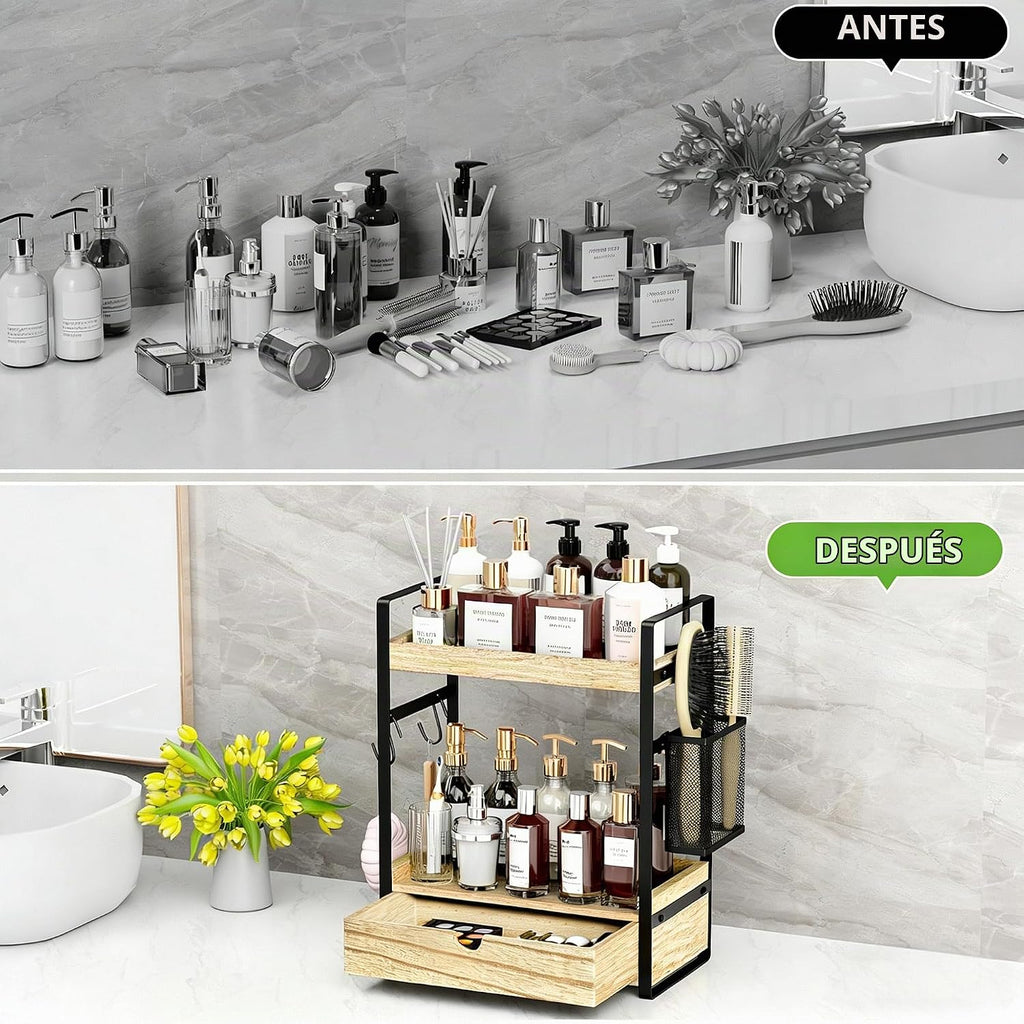 Organizador de encimera de baño de 2 niveles con cesta de cajón y g...
