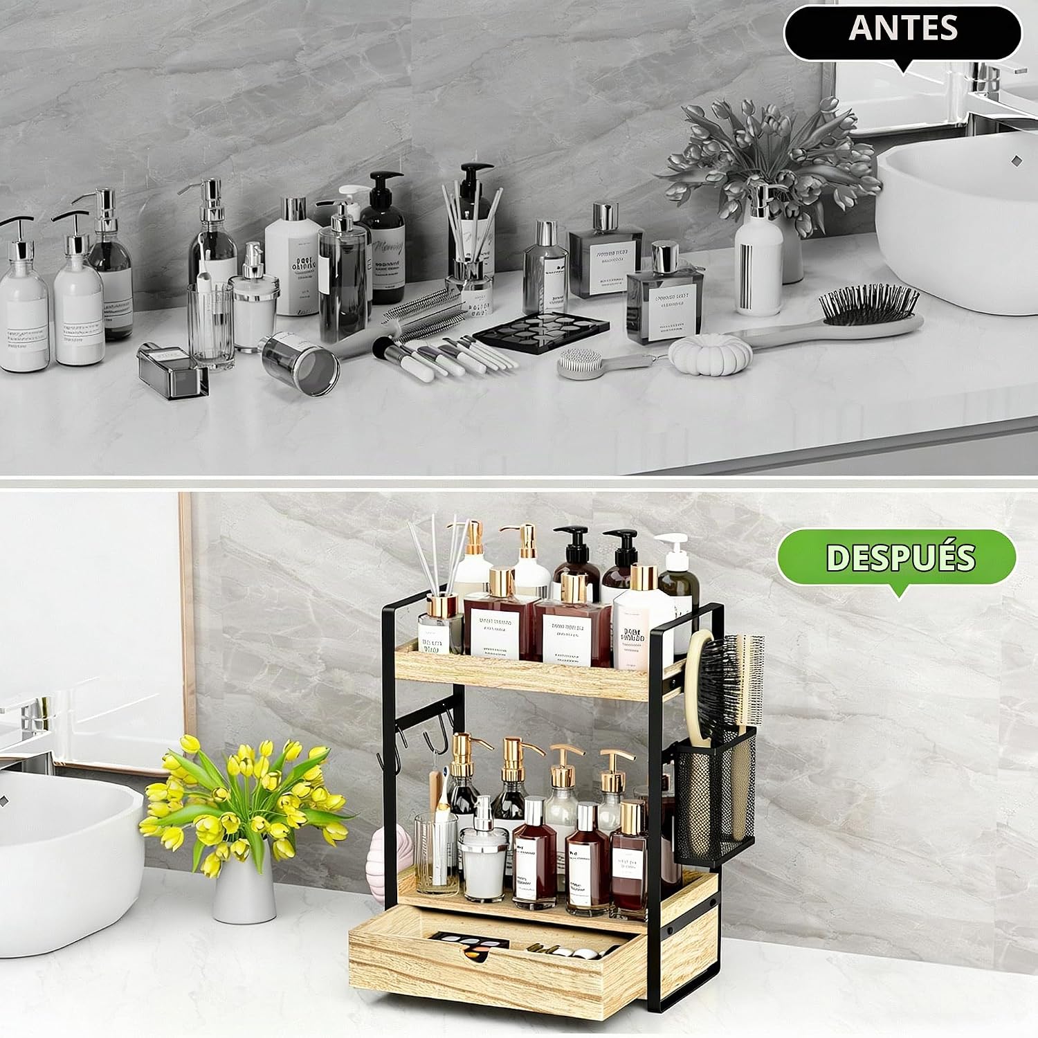 Organizador de encimera de baño de 2 niveles con cesta de cajón y g...