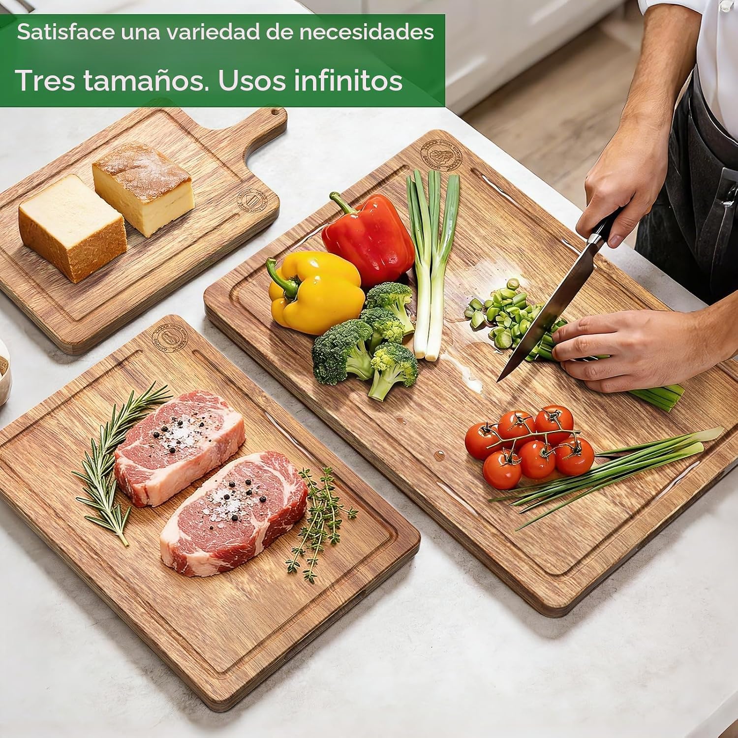 Juego de 3 tablas de cortar de madera de acacia, tablas de cortar n...