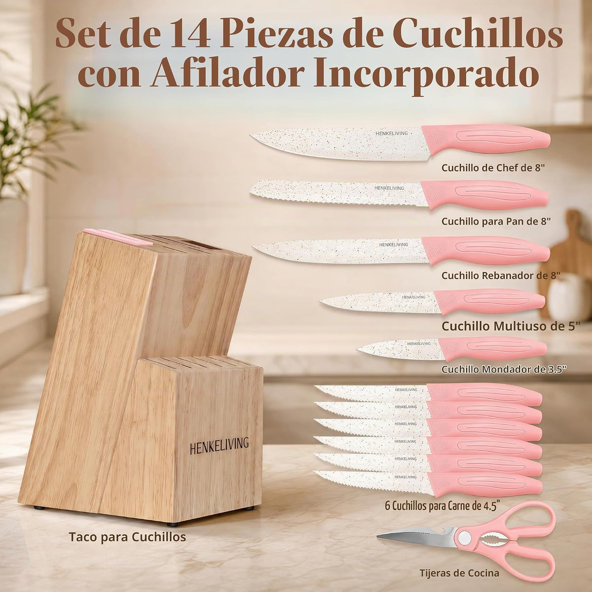 HENKELIVING Juego de cuchillos de 14 piezas, bloque de afilador int...
