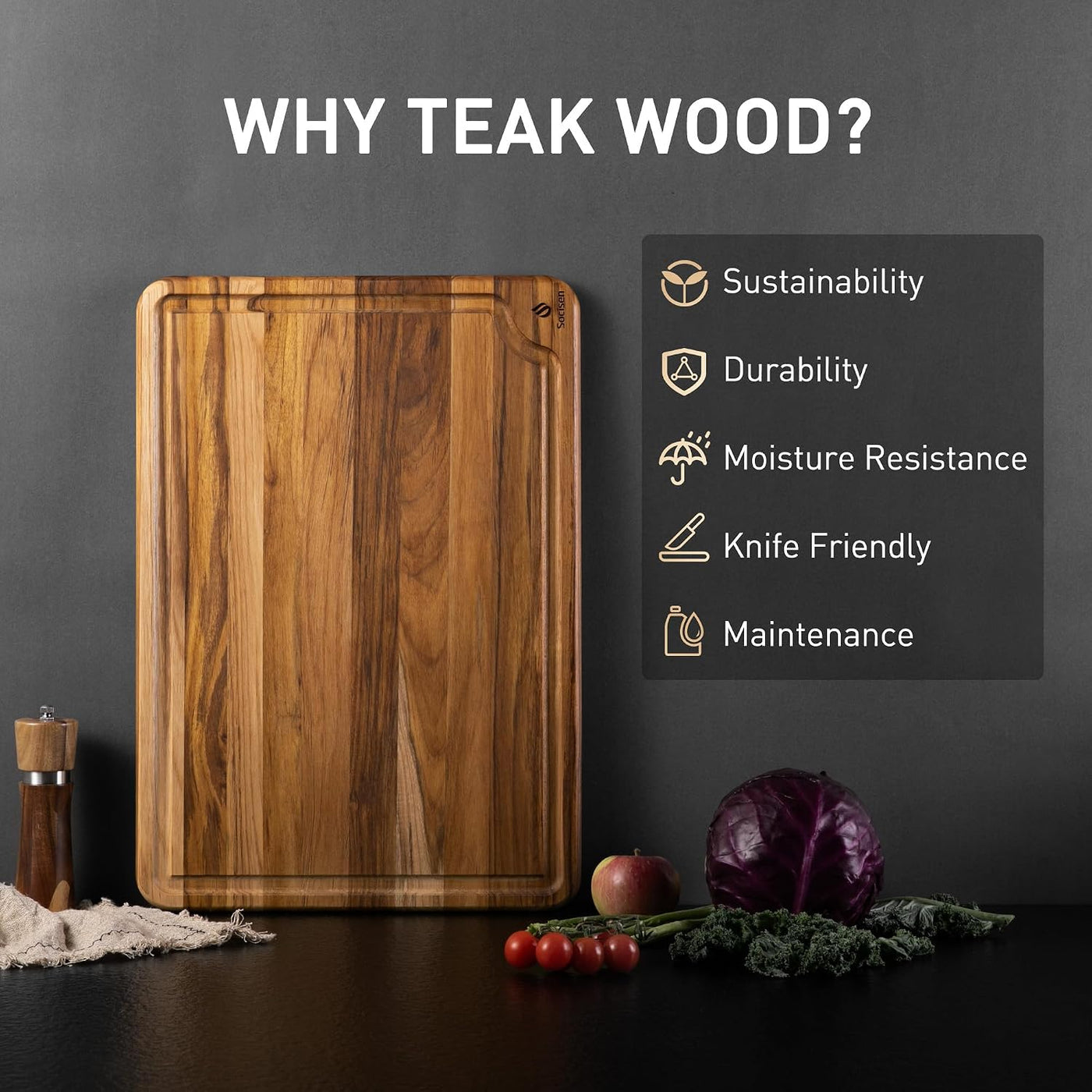 Tabla de cortar extra grande de madera de teca de 20 pulgadas para...
