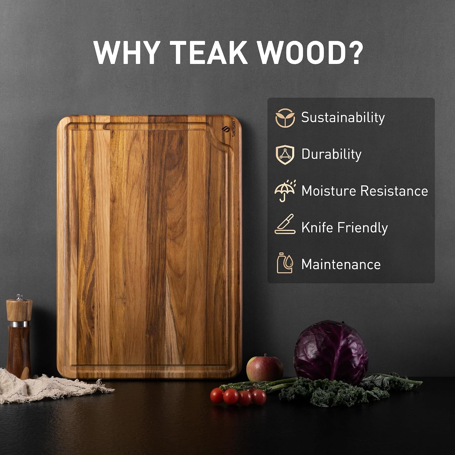 Tabla de cortar extra grande de madera de teca de 20 pulgadas para...
