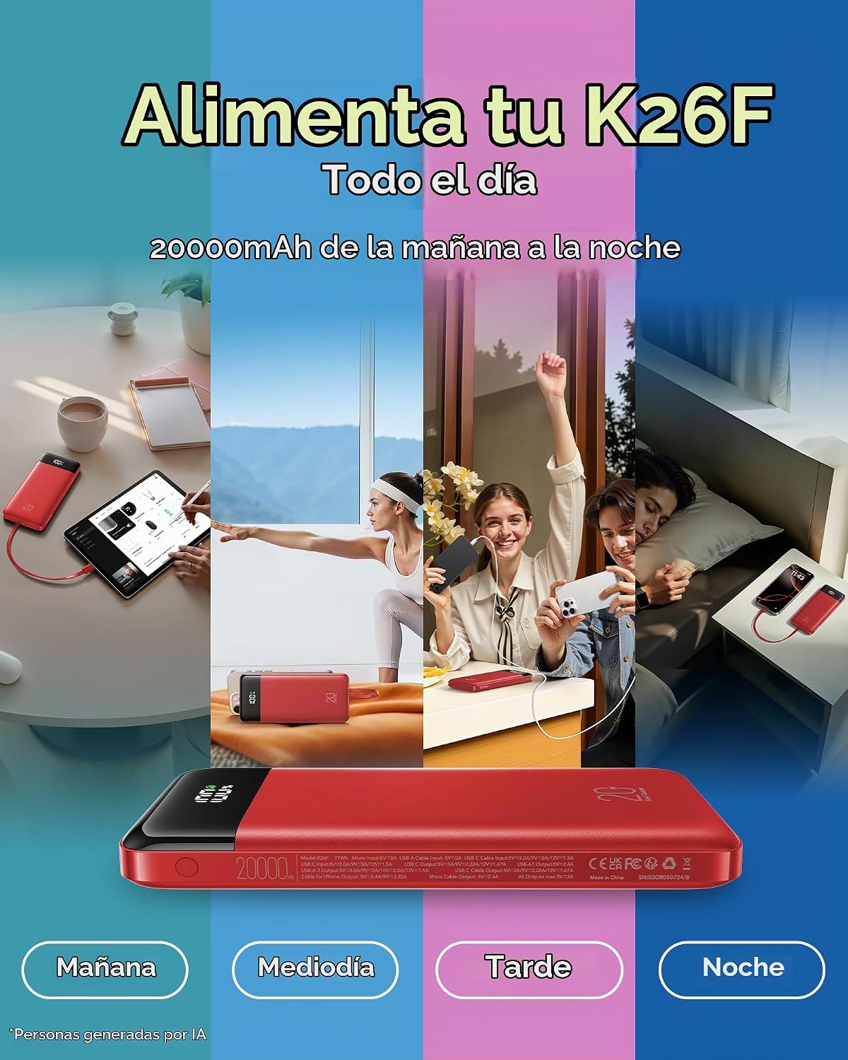 Orfeika Banco de energía de 20000 mAh, cargador portátil con 4 cabl...