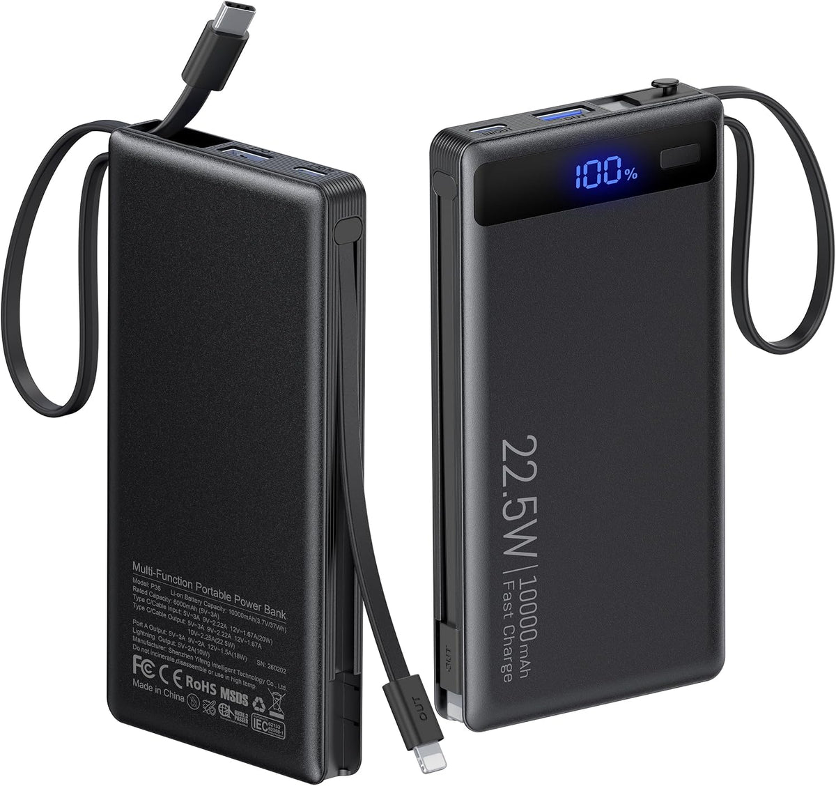 Banco de energía de 10000 mAh con 2 cables incorporados, cargador p...