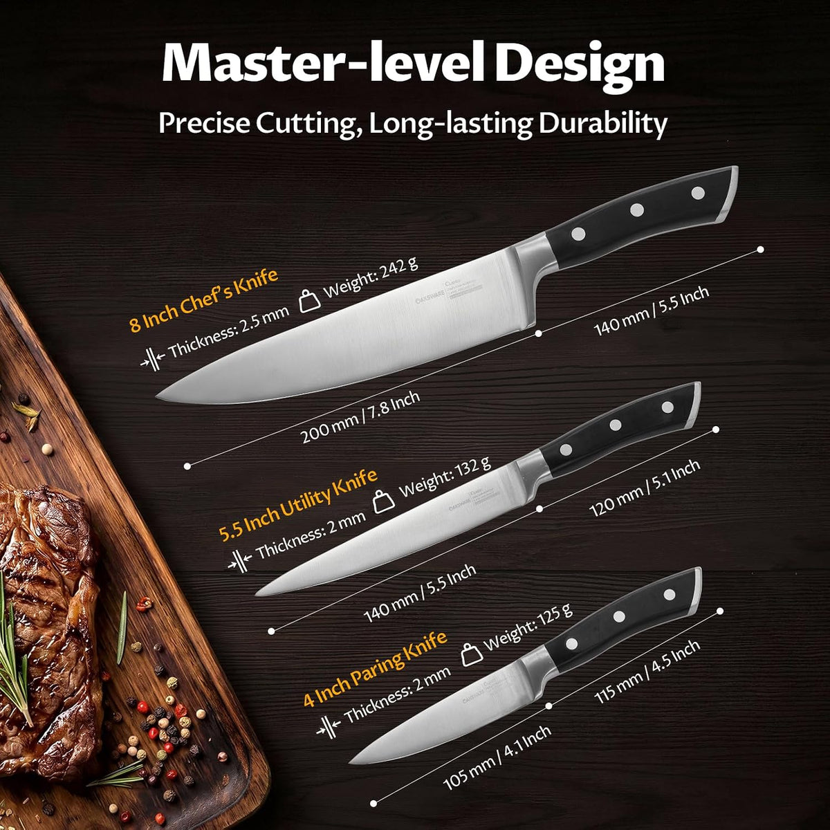 OAKSWARE Juego de cuchillos de cocina 3 piezas, cuchillos de chef a...