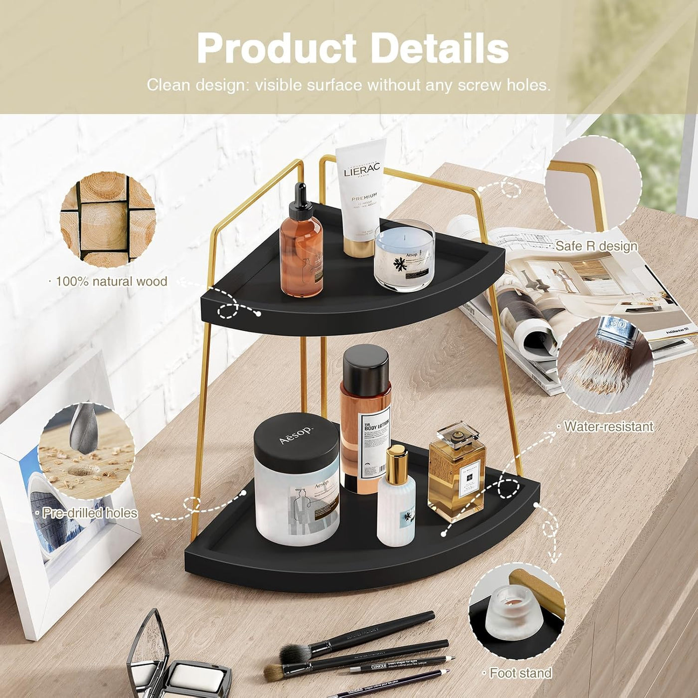 Forbena Organizador de Rincón para Encimera de Baño en Negro y Oro,...
