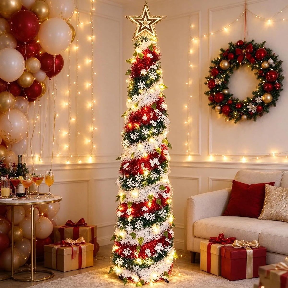 Árbol de Navidad de oropel de 5 pies con 50 luces LED cálidas, pleg...