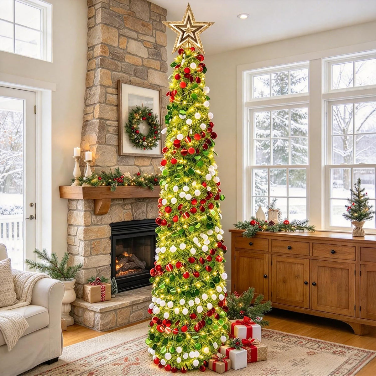 Árbol de Navidad de oropel de 5 pies con 50 luces LED cálidas, pleg...
