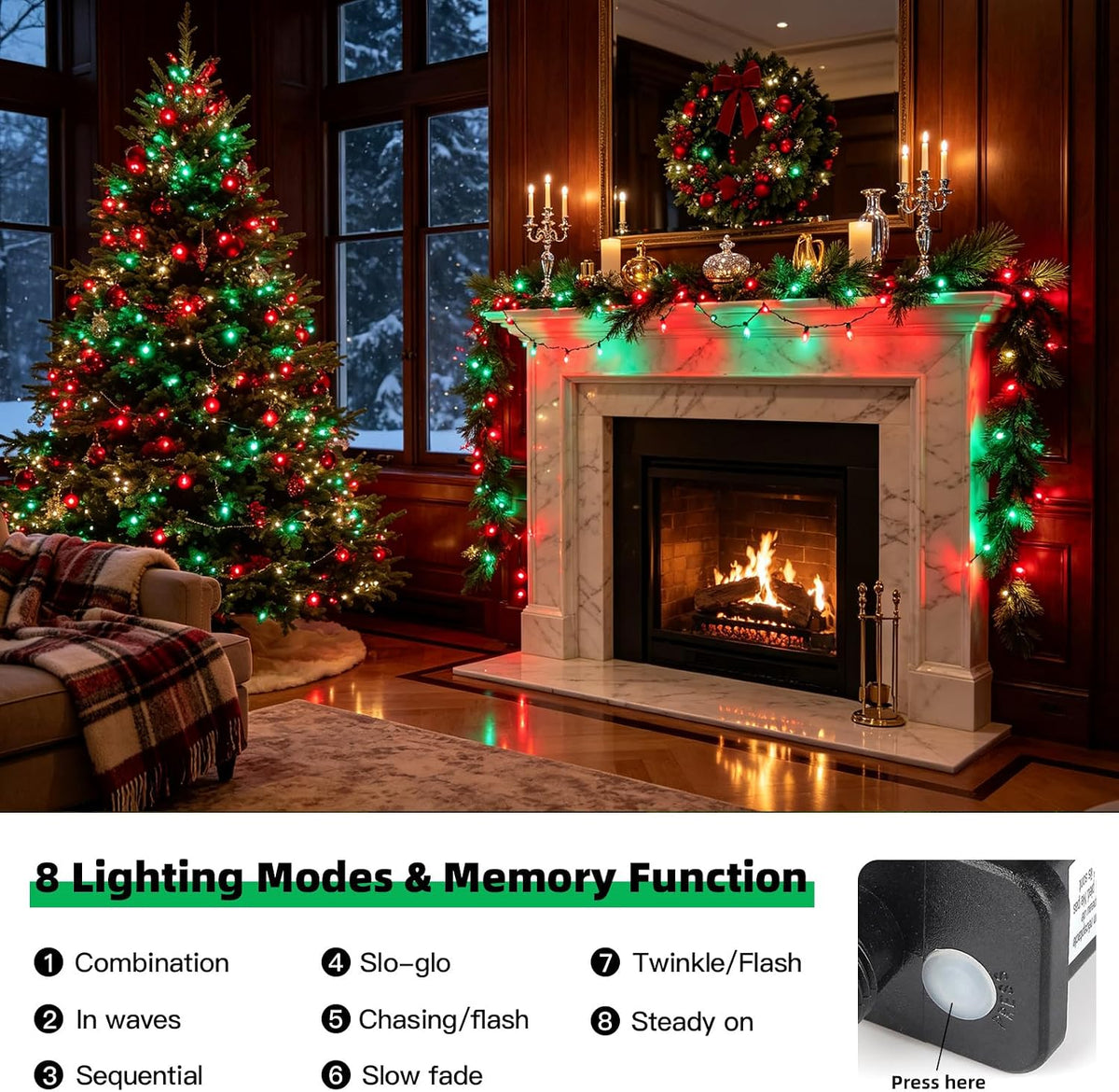 VTECHOLOGY 500 luces LED rojas y verdes para árbol de Navidad al ai...