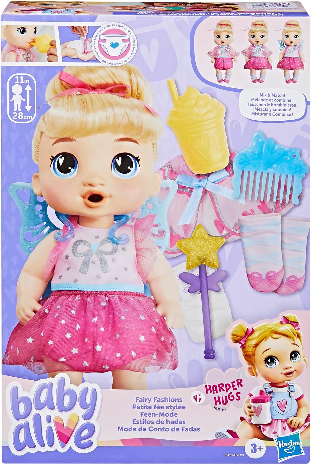 Baby Alive Fairy Fashions - Muñeca Harper Hugs con accesorios de ro...