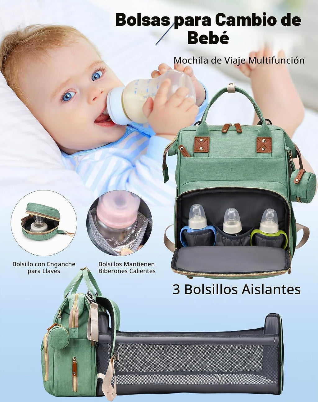Bolsa de pañales con cambiador, mochila para bebé con cambiador ple...