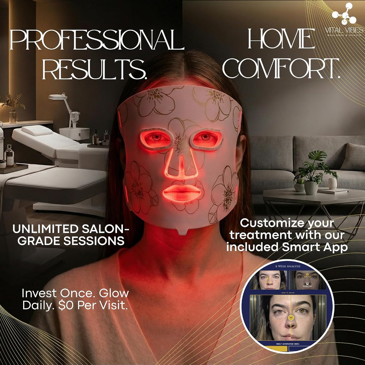 Vital Vibes Máscara facial LED para terapia de luz roja aprobada po...
