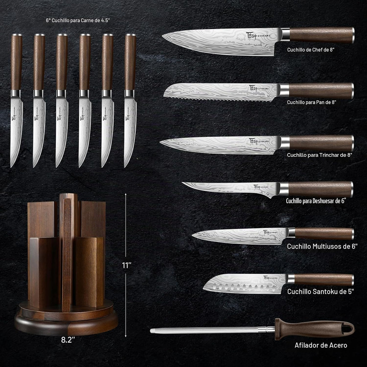 SYOKAMI Juego de cuchillos de cocina con bloque magnético y afilado...