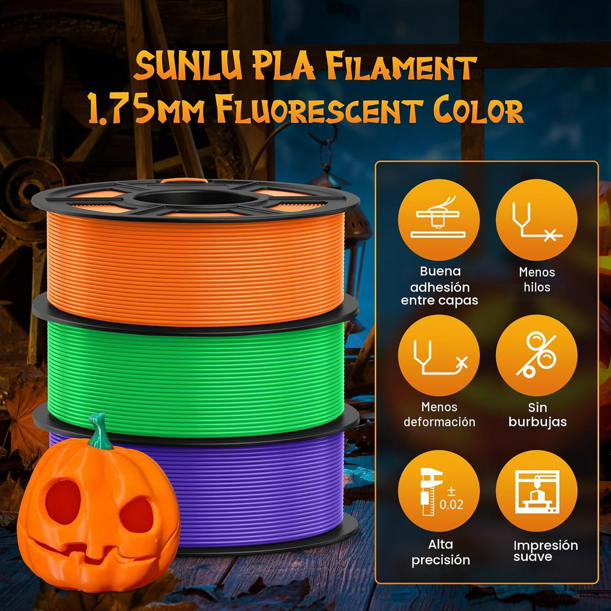 SUNLU Filamento de impresora 3D PLA fluorescente, 0.069 pulgadas |...