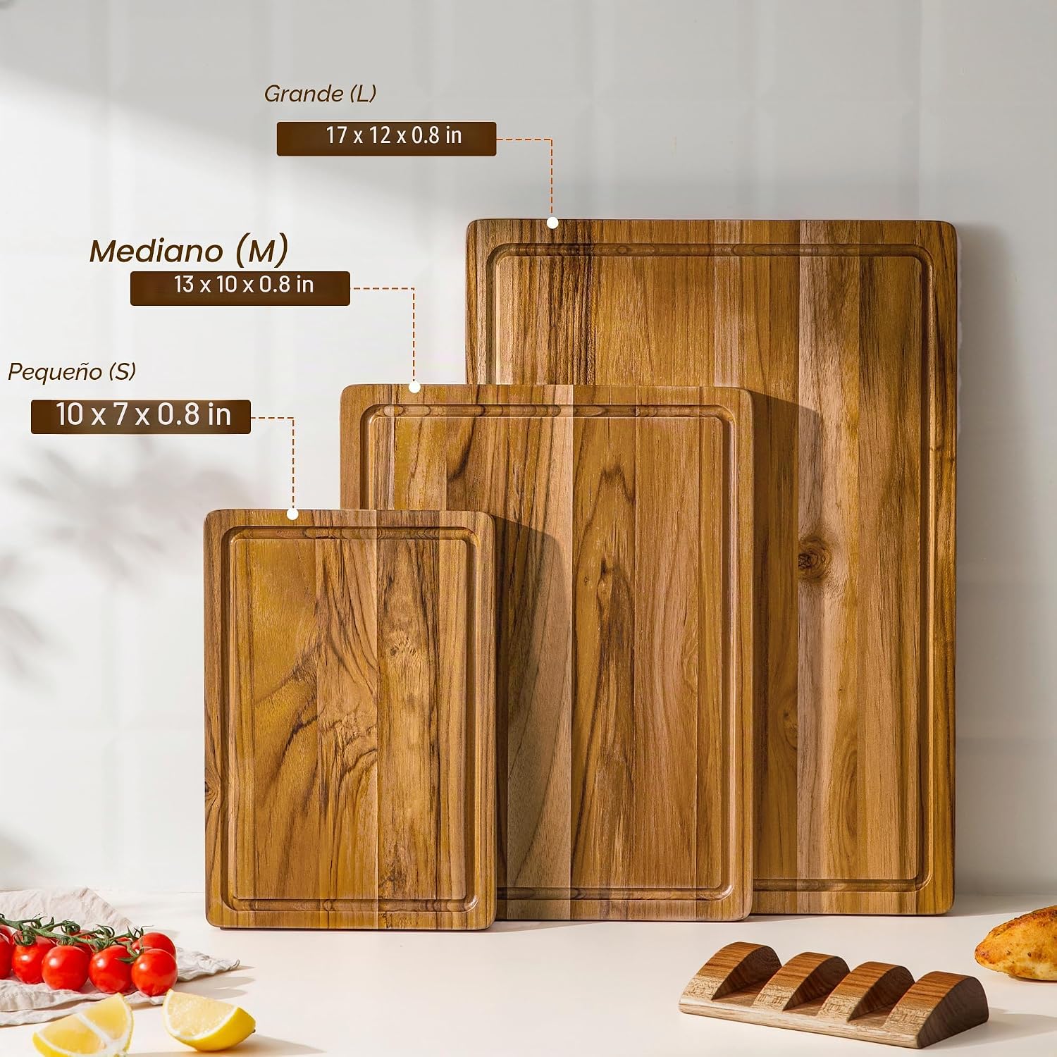 THETCHRY Juego de 3 tablas de cortar de madera de teca para cocina...