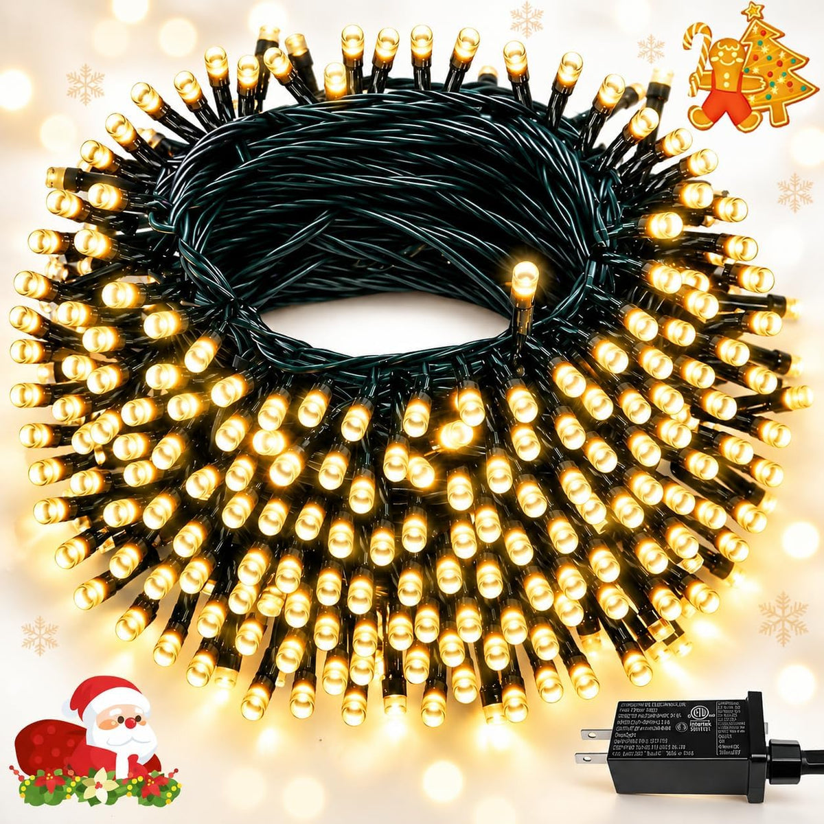 BHCLIGHT Tira de luces de Navidad extralargas conectables de 99 pie...
