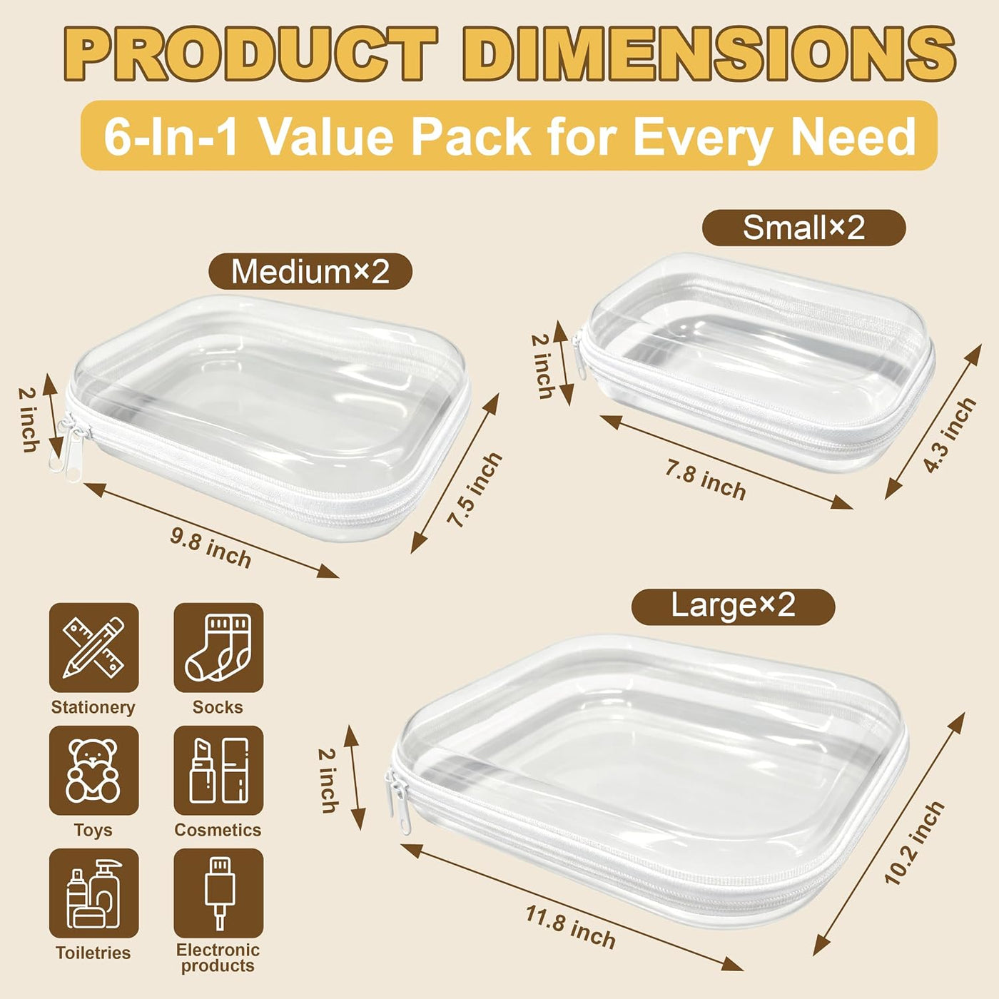 Paquete de 6 fundas rígidas transparentes con cremallera, bolsa de...