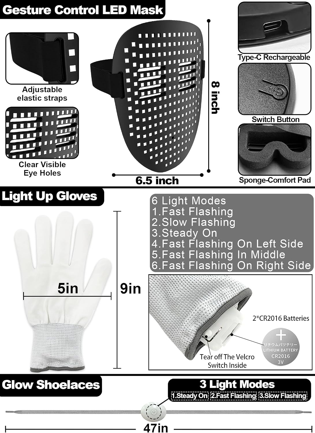 Juego de 3 guantes y cordones de esqueleto con máscara LED con dete...