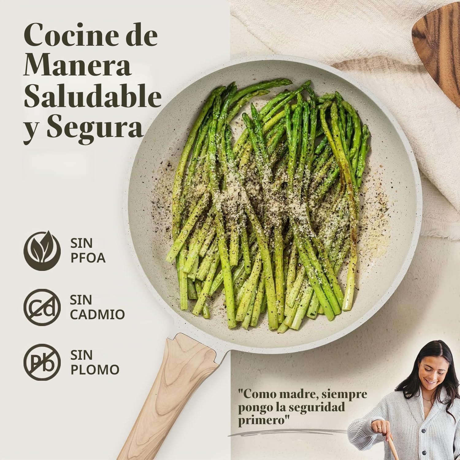 CAROTE Juego de 3 sartenes antiadherentes, color blanco crema | Sar...