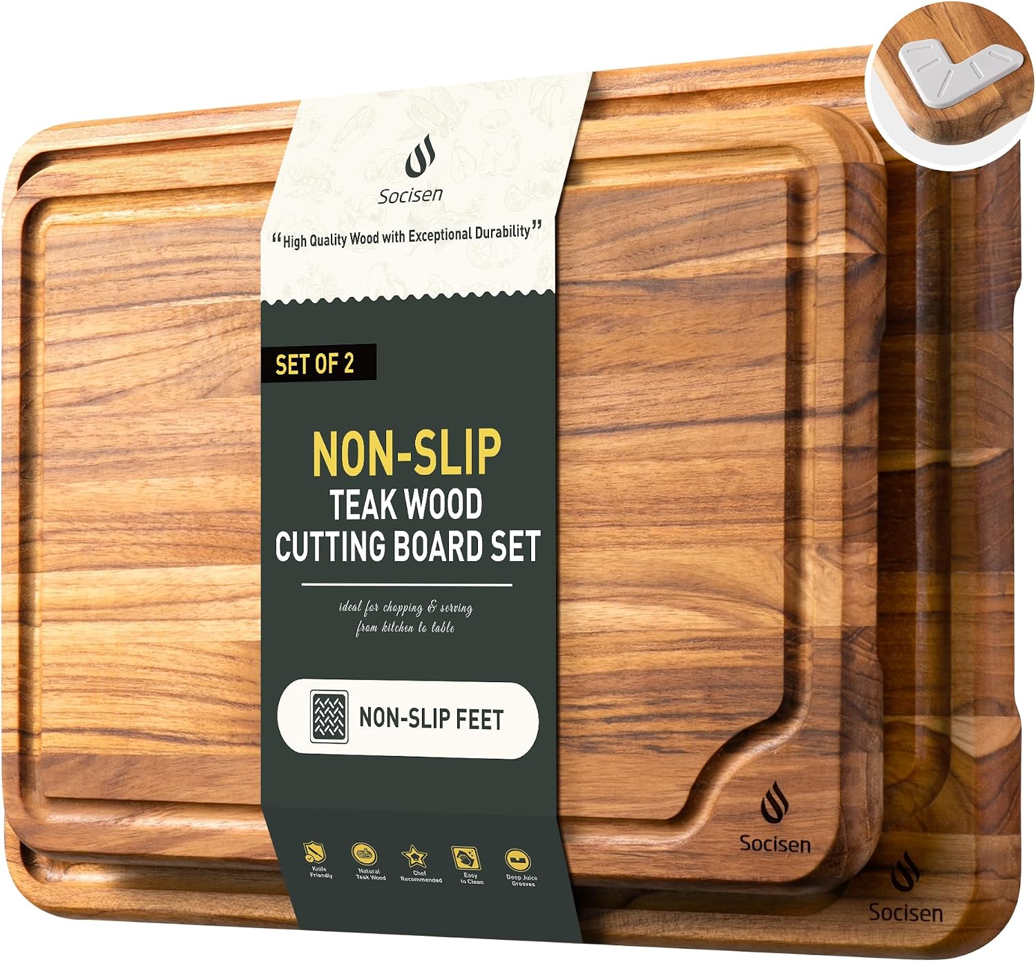 Paquete de 2 tablas de cortar de teca para cocina, tabla de cortar...