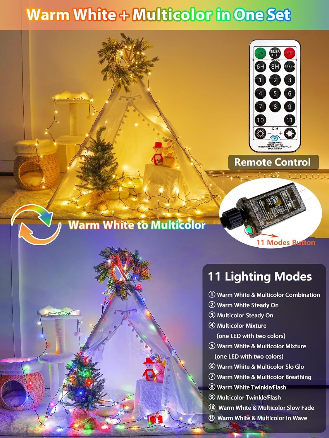 800 luces LED de Navidad que cambian de color de 264 pies con tempo...