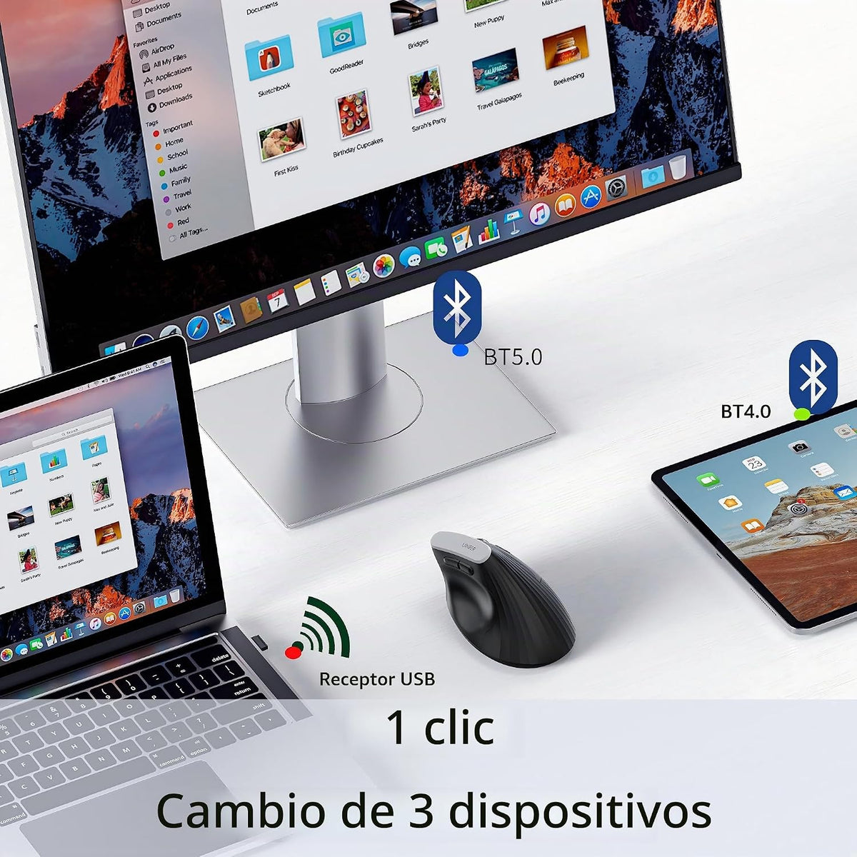 Uineer Ratón ergonómico vertical, inalámbrico de tres modos, duraci...