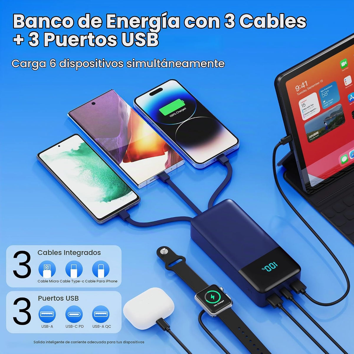 Cargador portátil de 50800 mAh con 3 cables integrados, 25 W PD QC4...