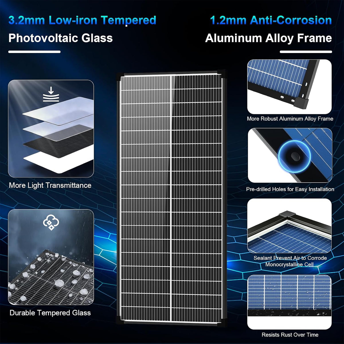 Panel solar bifacial de 100 W, tipo N 12 V, 18 BB, 25 % de alta efi...