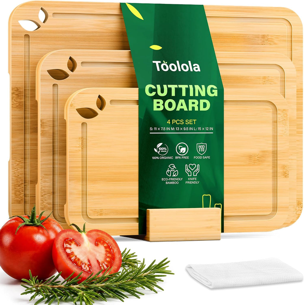 Toolola Tablas de cortar de bambú para cocina con soporte y alfombr...
