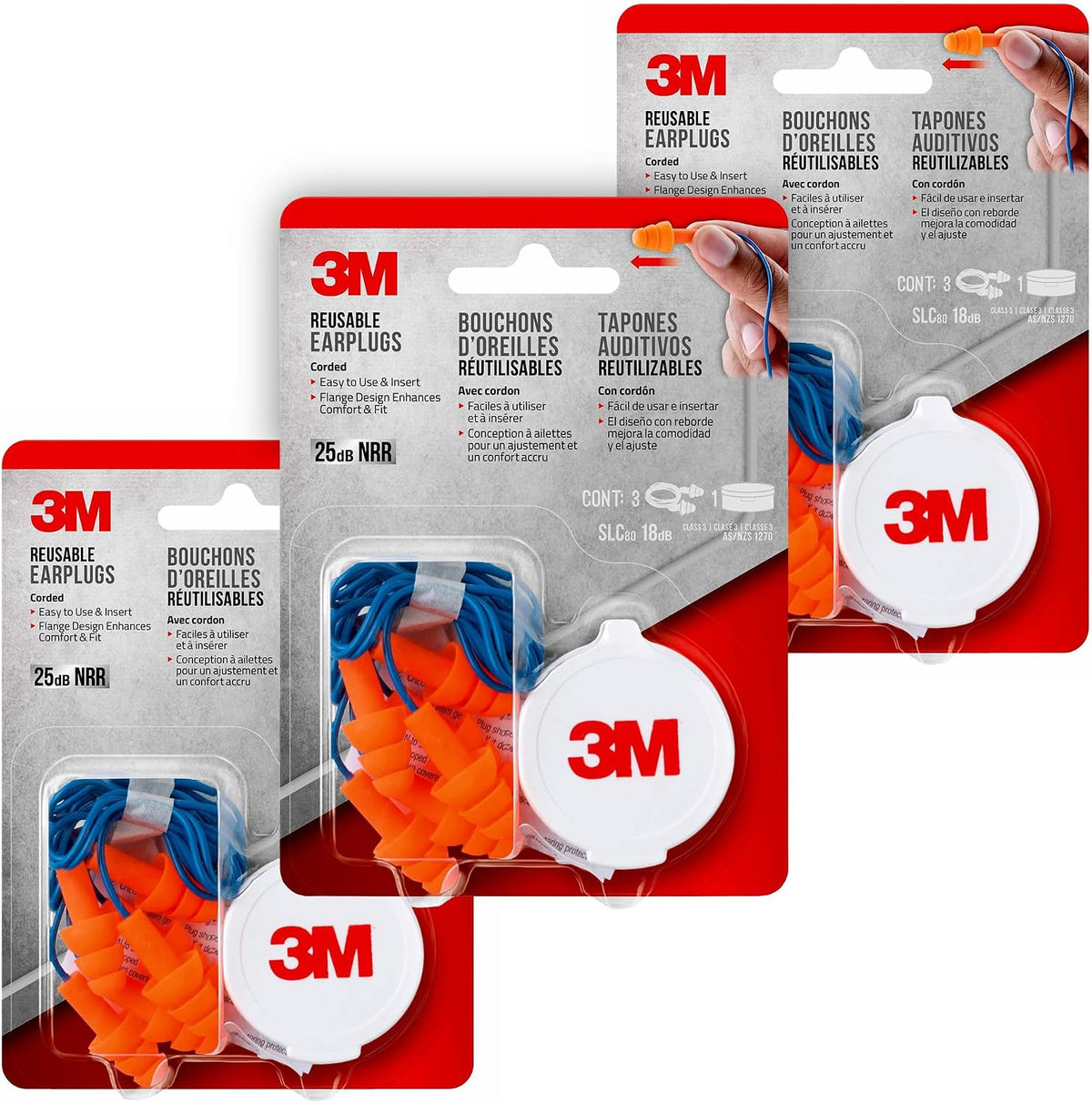3M Tapones para los oídos reutilizables con cable, paquete de 3, cl...