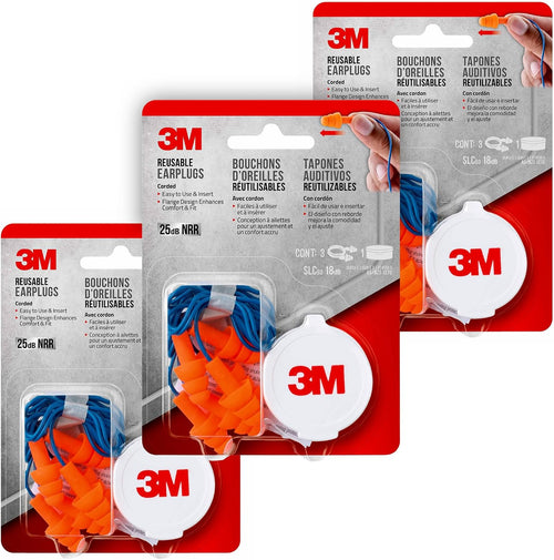 3M Tapones para los oídos reutilizables con cable, paquete de 3, cl...
