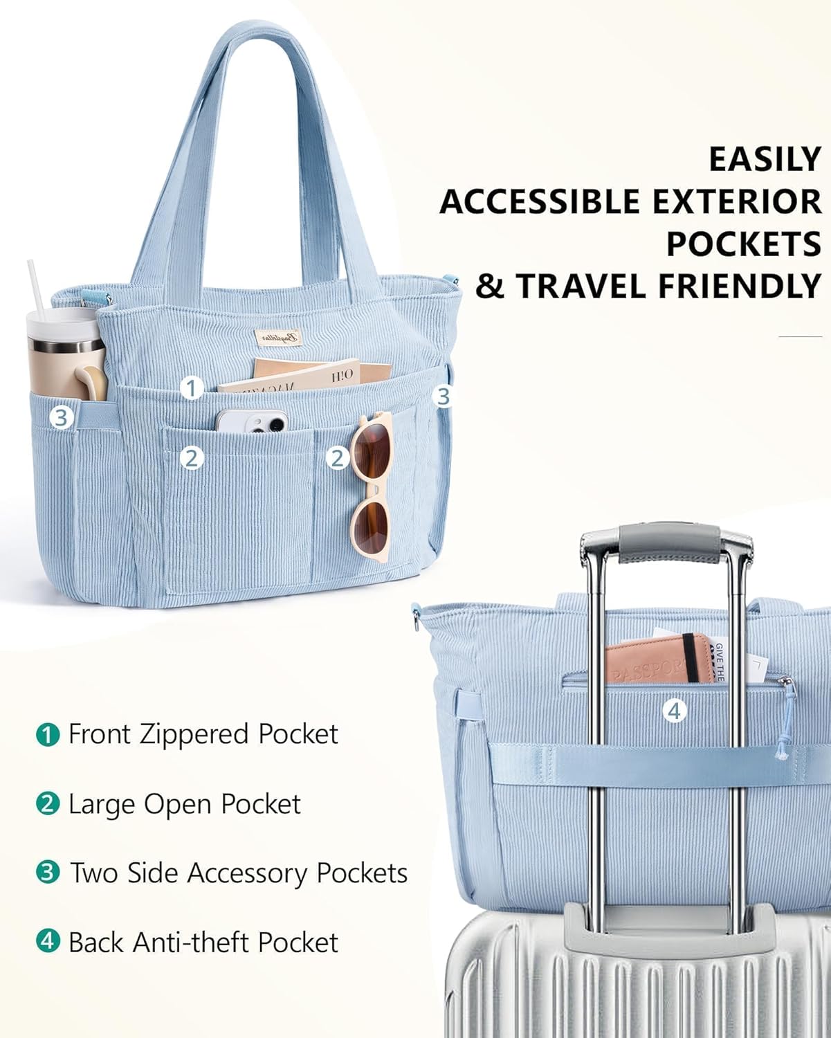Bolsa tote de pana para mujeres, 17 bolsillos para laptop de trabaj...